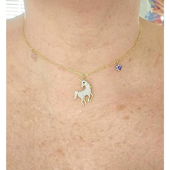 CZ Unicorn Necklace Pendant Purple Jasper Star Gold-Plated Adjustable Chain - Picture 6 of 6
